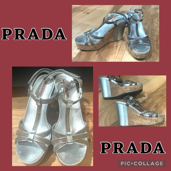 Prada Strappy Metallic Wedges Size 37.5 - Picture 1 of 16